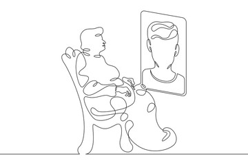 One continuous line. Retired woman in armchair talking via video link. Mobile phone screen. An old woman in a chair. Communication with relatives. One continuous line is drawn on a white background.
