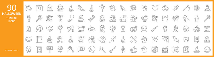 Fototapeta premium set of 90 halloween icons. outline thin line icons. Collection of perfectly thin icons for web design, app, poster, flyer and modern projects