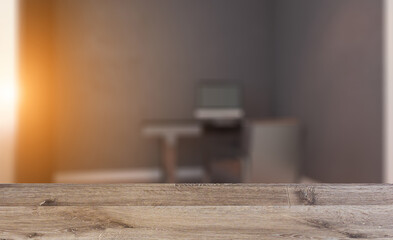 Elegant office interior. Mixed media. 3D rendering.. Sunset.. Background with empty wooden table. Flooring.