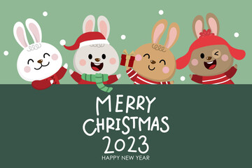 Merry Christmas and happy new year 2023 greeting card with rabbit and bunny in winter costumes. Holiday cartoon character. -Vector