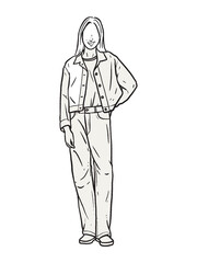 Fototapeta na wymiar girl standing with his hands in his pants pocket line vector drawing. Minimalistic contour illustration.