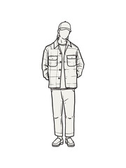 Fototapeta na wymiar Man standing with his hands in his pants pocket line vector drawing. Minimalistic contour illustration.