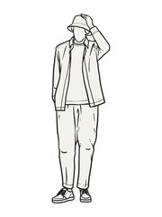Man standing with his hands in his pants pocket line vector drawing. Minimalistic contour illustration.