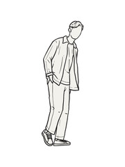 Man standing with his hands in his pants pocket line vector drawing. Minimalistic contour illustration.