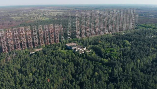 Aerial view of Soviet over-the-horizon military radar station Duga in the Chernobyl exclusion zone also known as Russian woodpecker