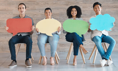 Opinion, people and speech bubble for social media vote on business change and development. Chair...
