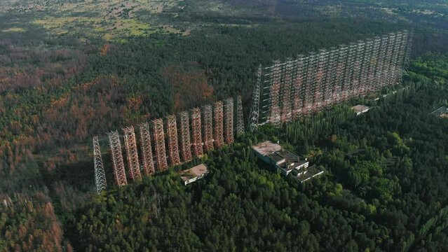 Aerial view of Soviet over-the-horizon military radar station Duga in the Chernobyl exclusion zone also known as Russian woodpecker