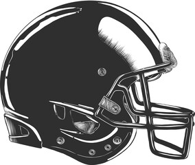 PNG engraved style illustration for posters, decoration and print. Hand drawn sketch of football helmet in monochrome isolated on white background. Detailed vintage woodcut style drawing.	
