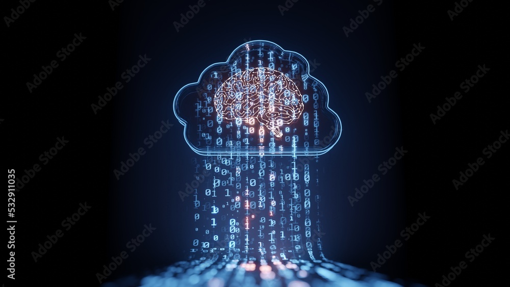 Poster 3d rendering of digital cloud with circuit human brain and binary data. for big data cloud computing