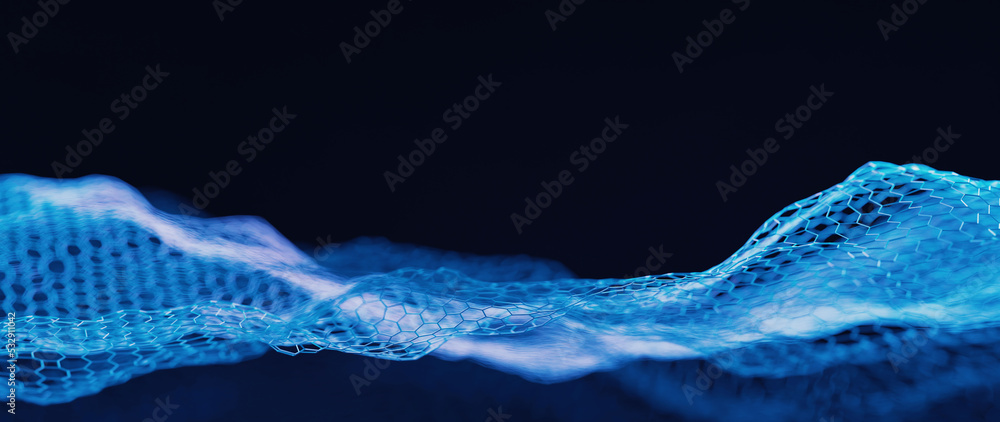 Poster 3d rendering of wavy hexagon shape geometry. glowing dots and lines blue neon color. for technology,