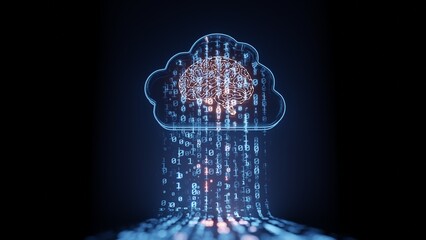 3D Rendering of digital cloud with circuit human brain and binary data. For big data cloud computing, artificial intelligence AI processing, machine learning, transformation, Internet of things (IoT) 