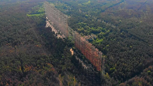 Aerial view of Soviet over-the-horizon military radar station Duga in the Chernobyl exclusion zone also known as Russian woodpecker
