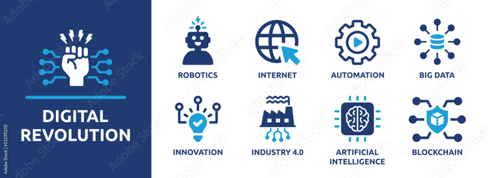 Poster Digital revolution vector icon set. Industry 4.0 collection with future technology as robotics, big data and blockchain sign symbol.