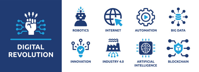 Digital revolution vector icon set. Industry 4.0 collection with future technology as robotics, big data and blockchain sign symbol.