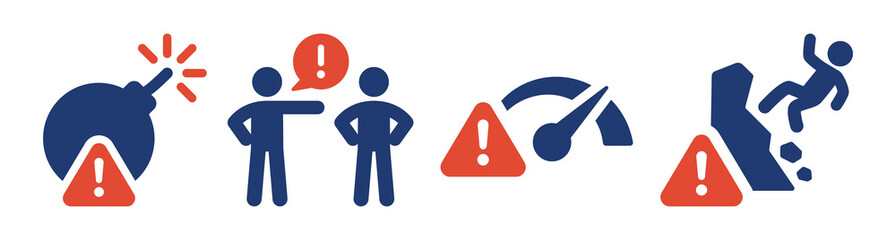 Risk icon set. Containing bomb alert, warning man, caution speed limit, accident sign icon. Vector illustration. - obrazy, fototapety, plakaty
