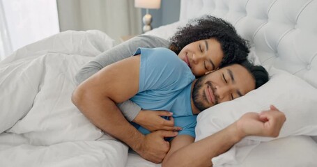 Cuddle, love and couple sleeping in bed at home or hotel room on honeymoon vacation, holiday or day off. Dreaming, happy and romantic asian man relaxing, hugging and resting with soulmate or partner