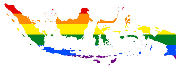 Obraz premium Indonesia map with pride rainbow LGBT flag colors