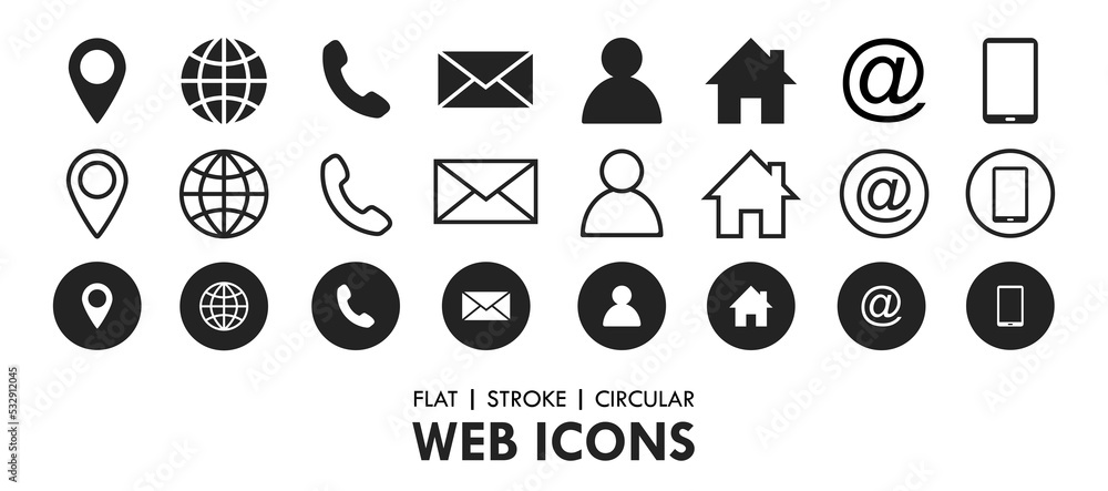 Poster essential flat stroke circular web icon set phone contact location button