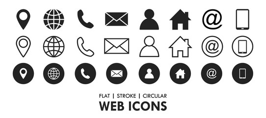 Essential Flat Stroke Circular Web Icon Set Phone Contact Location Button