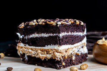 chocolate cake with nut filling and peanuts