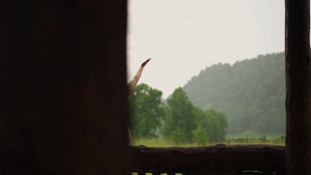 Graceful woman in shorts stretches arms to sky praying for rain to stop sitting on log fence at resort covered terrace on stormy day backside view slow motion