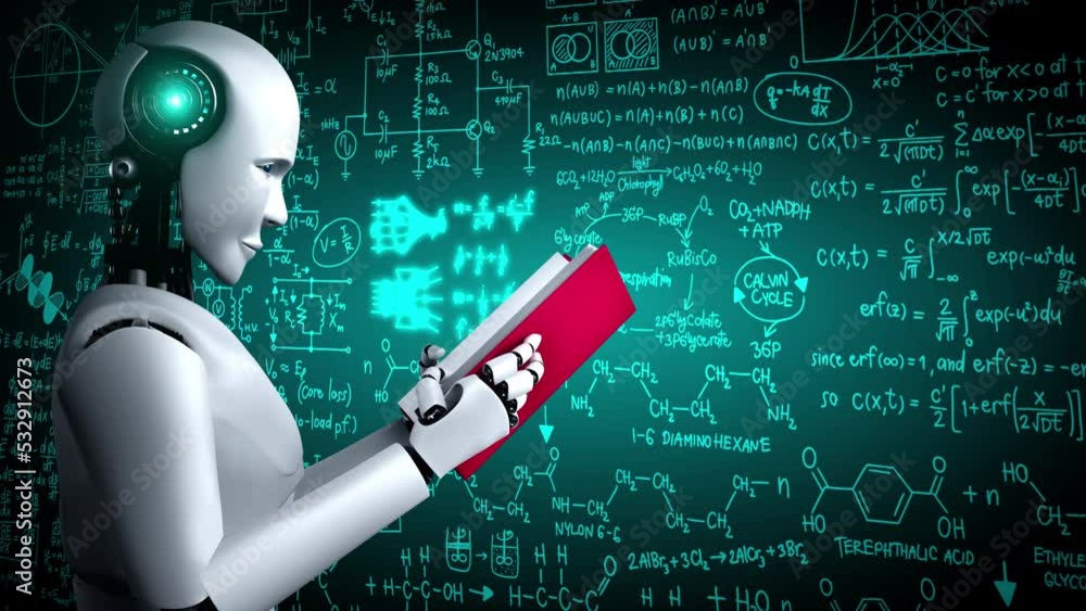 Aufkleber 3d rendering of robot hominoid reading book and solving math data analytics in concept of future mat