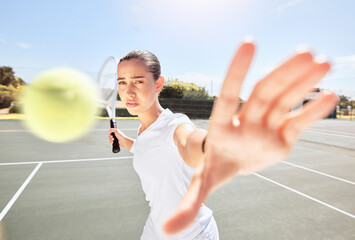 Tennis court, serving ball or woman in sports game, exercise match or competition workout. Fitness athlete or player training with motivation goals, winner mindset or racket in energy movement motion