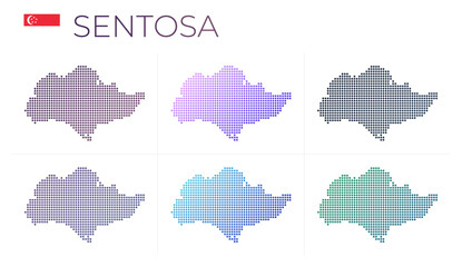 Sentosa dotted map set. Map of Sentosa in dotted style. Borders of the island filled with beautiful smooth gradient circles. Powerful vector illustration.