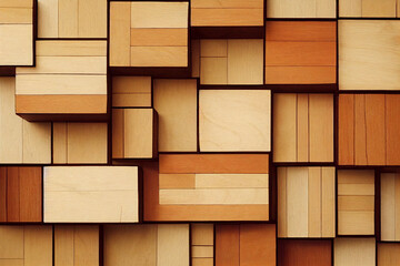 A wall covered with building blocks.Wallpaper as interior decoration.Wood Texture.
