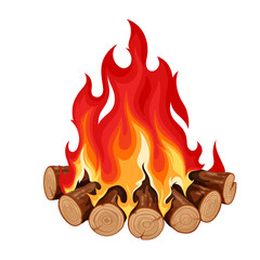 Bonfire, round campfire with burning logs and glowing hot red and yellow flame vector illustration. Cartoon isolated cut forest firewood stacked in circle for cooking food for tourists picnic