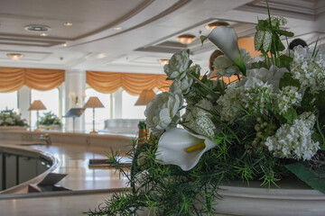 Elegant Belle Époque interior design furnishing bar lounge area onboard ocean liner cruiseship...