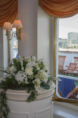 Elegant Belle Époque interior design furnishing bar lounge area onboard ocean liner cruiseship...