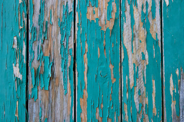 Fototapeta na wymiar Old boards painted with green paint that has partially peeled off