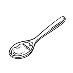 Coconut spread in spoon outline icon vector illustration. Hand drawn black line healthy butter in scoop and paste from coco fruit, natural organic raw food ingredient for cooking vegan dishes - obrazy, fototapety, plakaty