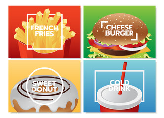 Fast food vector. cheese burger, sweet donuts, french fries and cold drink. realistic style vector illustration