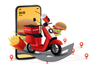 illustration of burger set mobile online delivery service. mobile for order, hamburger icon and motorcycle for transportation.