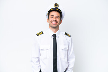 Airplane pilot over isolated white background laughing