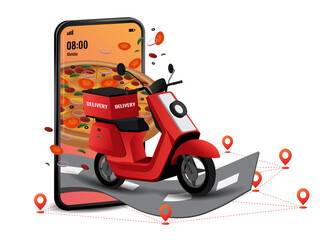 illustration of pizza mobile online delivery service. mobile for order, icon and motorcycle for transportation. online fast food.