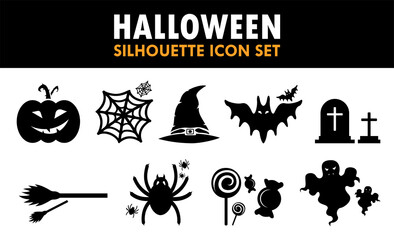 Halloween Silhouette Icon Set Pumpkin Web Hat Grave Holiday Illustration