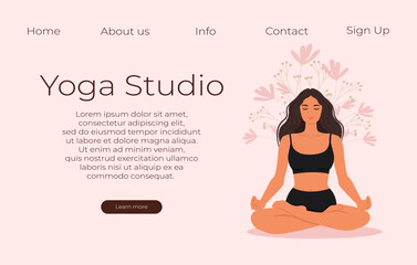 Yoga studio vector banner. The girl sits in the lotus position. Vector illustration in flat style.