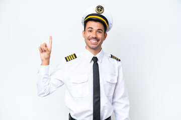 Airplane pilot over isolated white background showing and lifting a finger in sign of the best