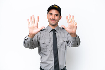 Young safeguard man over isolated white background counting nine with fingers