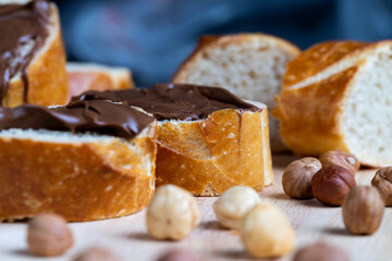 chocolate butter spread on a baguette, close up