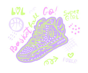 Girly print design for t-shirts, sneakers, doodles and text. Basketball illustration, lettering, hand drawing. Super Girl.