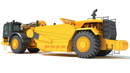 Tractor Scraper heavy machinery 3D rendering on white background - obrazy, fototapety, plakaty
