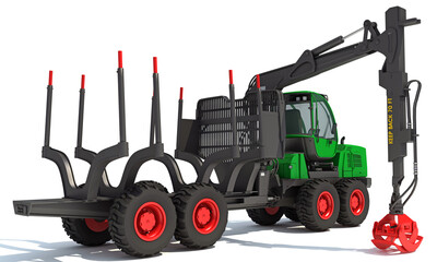 Forwarder Forestry Vehicle heavy machinery 3D rendering on white background - obrazy, fototapety, plakaty