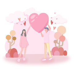 Lovely young couple on abstract pink background with heart, design for Valentine’s Day festival. Vector illustration. Paper craft style.