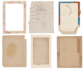 Set of various Old papers and postcards with scratches and stains texture isolated
