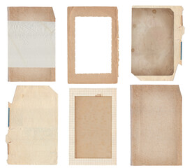 Set of various Old papers and postcards with scratches and stains texture isolated