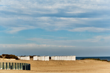 Fototapeta na wymiar marram grass over dunes and beach hut on the beach of Oostduinkerke, Belgium